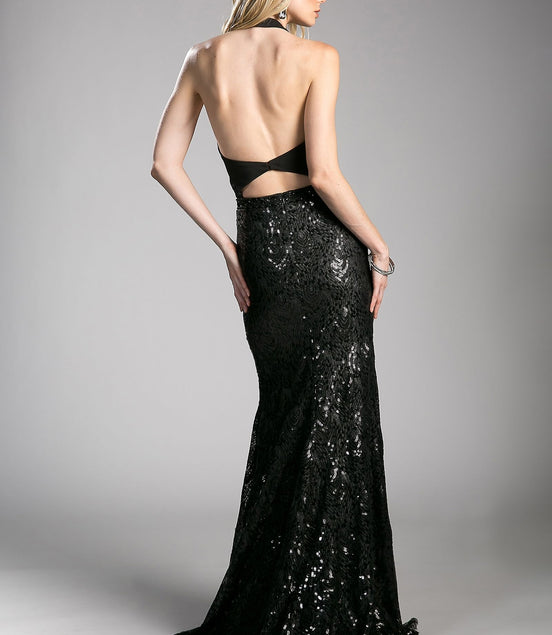 Fitted Sequin Gown with Halter Neckline