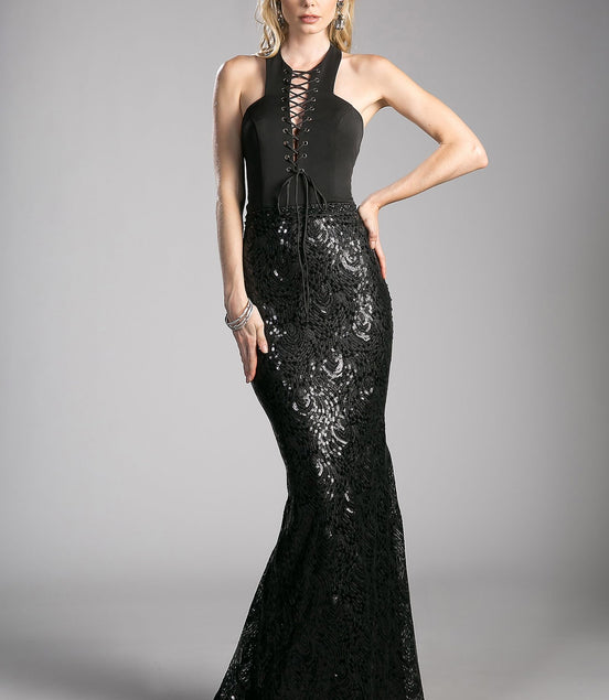 Fitted Sequin Gown with Halter Neckline