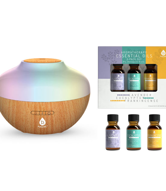 Pursonic Aromatherapy Diffuser & Essential Oil Set-Ultrasonic Top 3 Oils-300ml with 2 Mist Settings 7 Ambient Light Settings