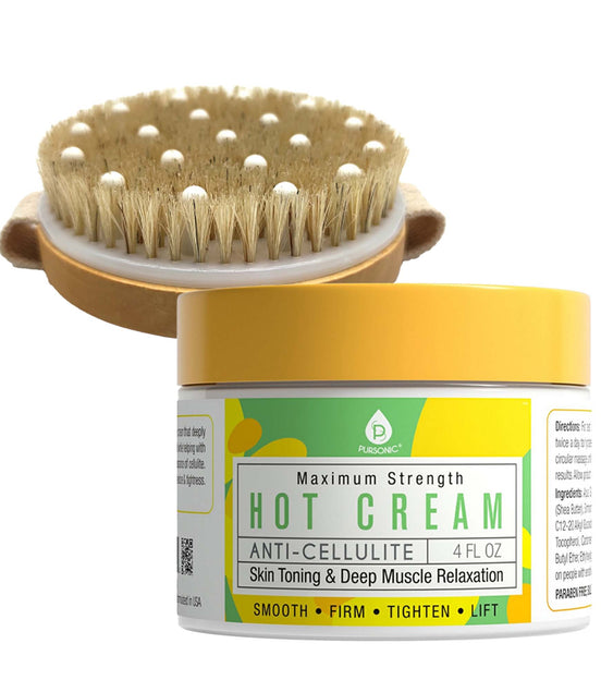 Pursonic Anti Cellulite & Muscle Relaxation Hot Cream with Bath Brush and Rubber Massager - Lotus Wooden Handle