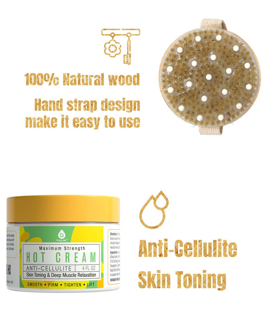 Pursonic Anti Cellulite & Muscle Relaxation Hot Cream with Bath Brush and Rubber Massager - Lotus Wooden Handle