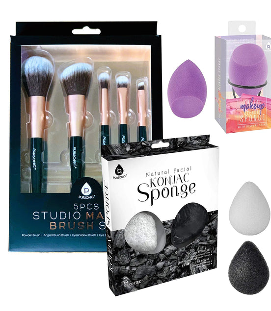 Beauty Essentials Bundle: Facial Makeup Blender Sponge + Natural Facial Konjac Sponge Duo Set(3 pack) + 5 Pcs Studio Makeup Brush Set (Black)