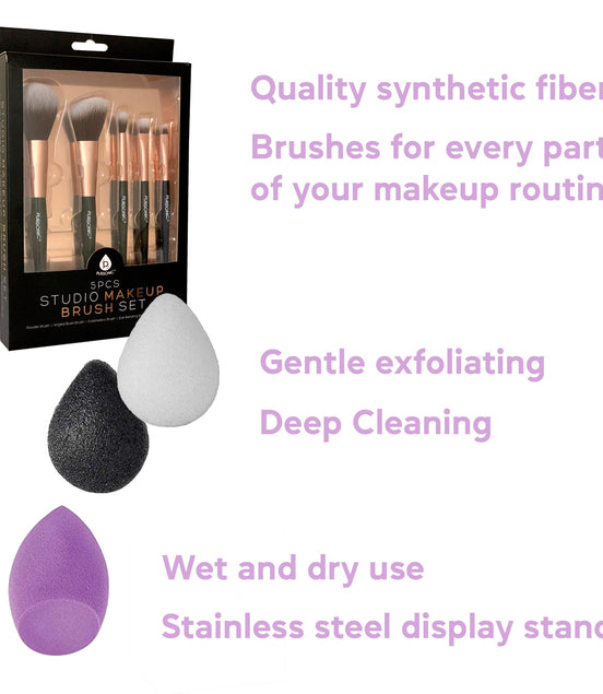 Beauty Essentials Bundle: Facial Makeup Blender Sponge + Natural Facial Konjac Sponge Duo Set(3 pack) + 5 Pcs Studio Makeup Brush Set (Black)