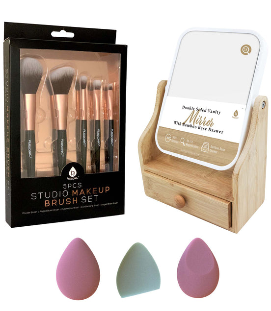 Pursonic Beauty Essentials Set – Studio Makeup Brush Set, Multi-Shape Sponges, and Dual-Sided Vanity Mirror with Bamboo Base