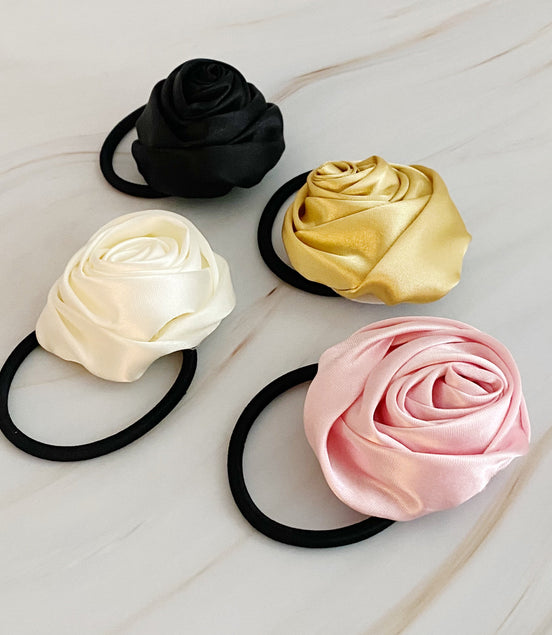 Hand Picked Satin Rose Hair Tie Set of 4