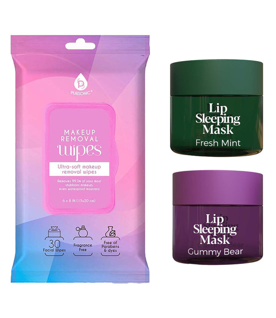 Pursonic Lip Care & Cleanse Bundle – Lip Sleeping Mask (Gummy Bear & Fresh Mint) + Makeup Removal Wipes (60-Count)