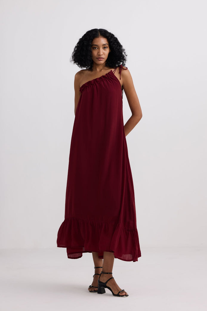 The One-Shoulder Icon Dress in Ruby Crepe