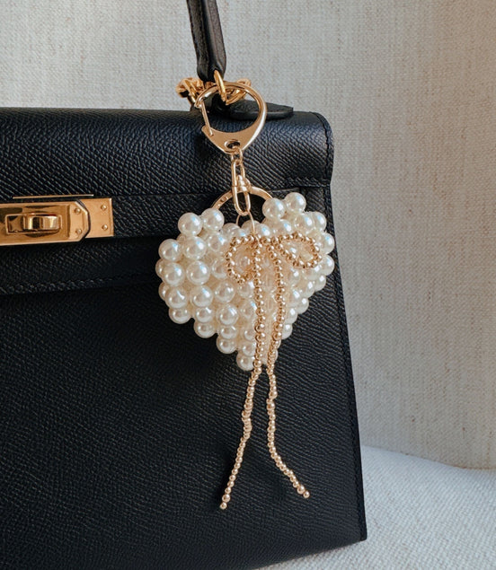 Pearl Knit Heart Beaded Bow Bag Charm