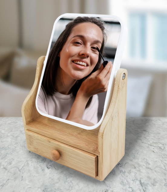 Dual-Sided Vanity Mirror with Bamboo Drawer Base