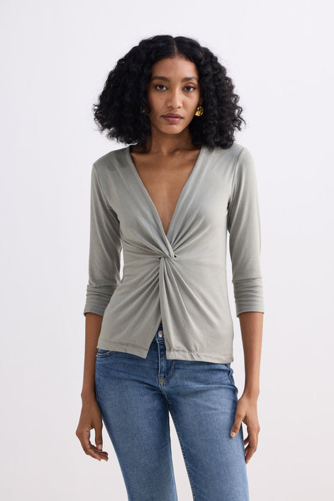 The Elevated Twist Top in Light Olive Knit