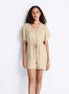 V neck Drawstring Romper in Neutral Beige
