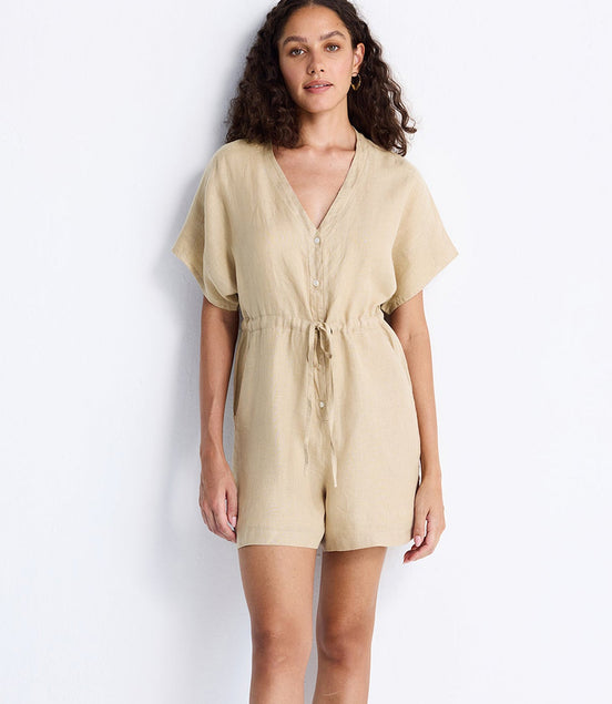 V neck Drawstring Romper in Neutral Beige