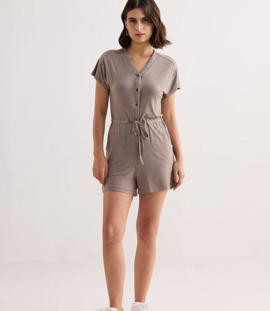 V-neck Drawstring Knit Romper in Dusty Brown