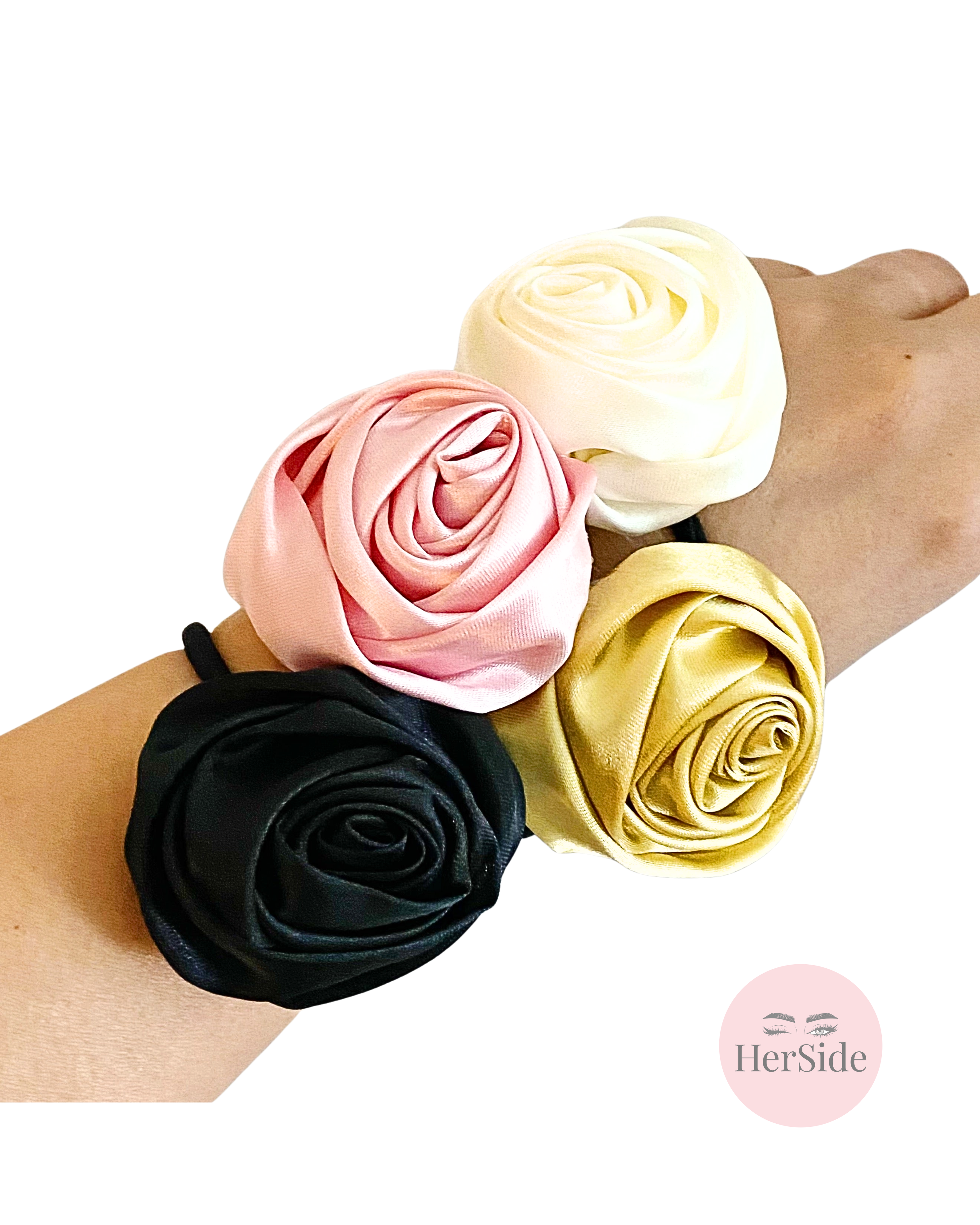 Hand Picked Satin Rose Hair Tie Set of 4