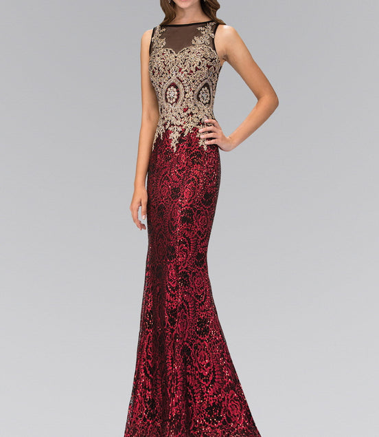 Floor Length Dress with Gold Lace on Bodice and Sequin on Skirt
