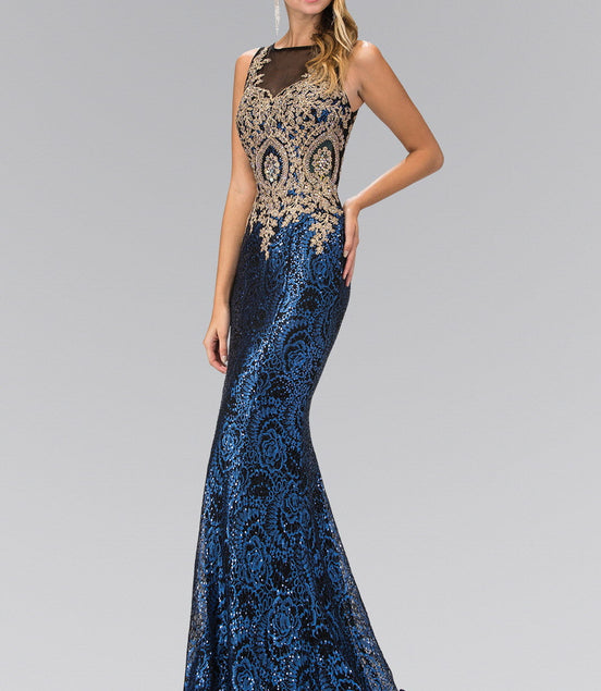 Floor Length Dress with Gold Lace on Bodice and Sequin on Skirt