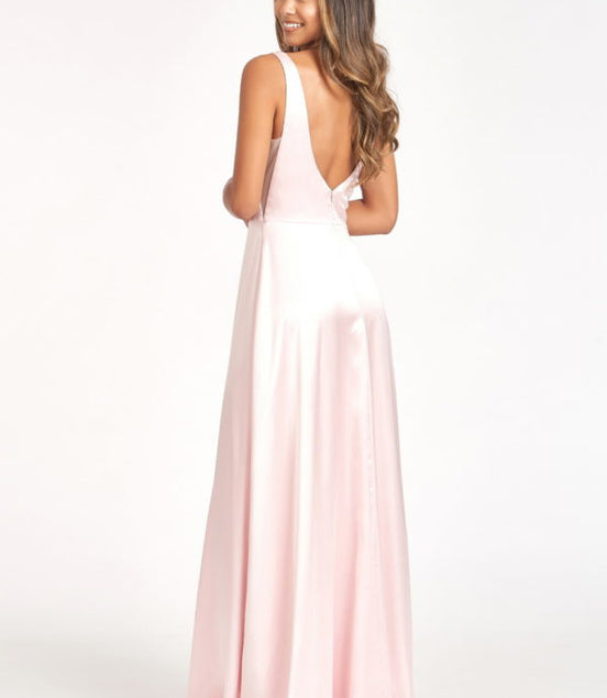 Satin V-Neck Sheer Side A-Line Long Dress