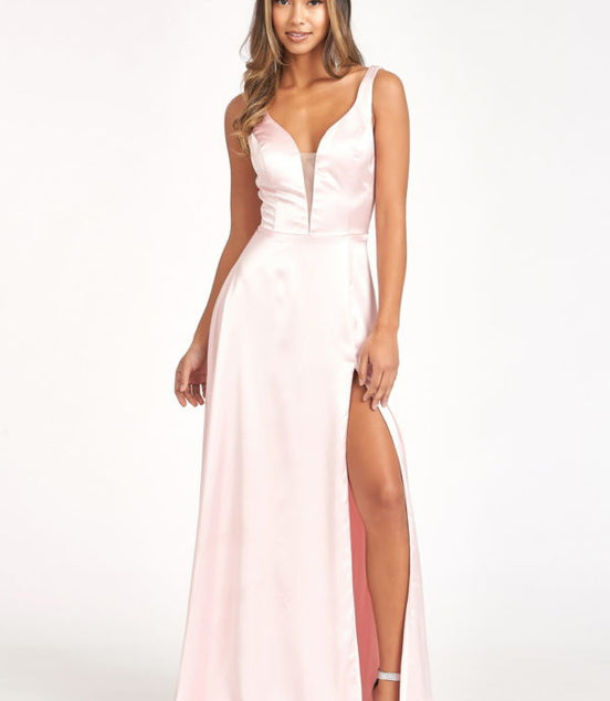 Satin V-Neck Sheer Side A-Line Long Dress