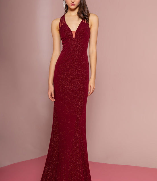 Glitter Crepe Illusion V-Neck Long Dress