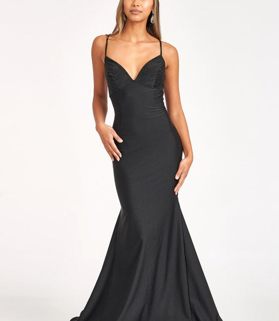 Beads Embellished Jersey Mermaid Dress w/ Strap Lace-up Back