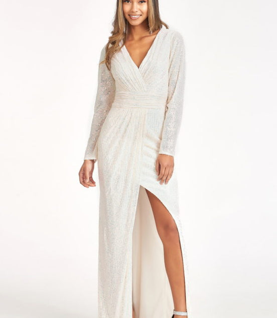 Gathered Waist Sequin Embellished Mermaid Dress w/ Long Sleeves