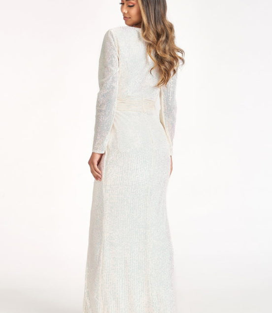 Gathered Waist Sequin Embellished Mermaid Dress w/ Long Sleeves