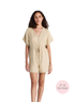 V neck Drawstring Romper in Neutral Beige