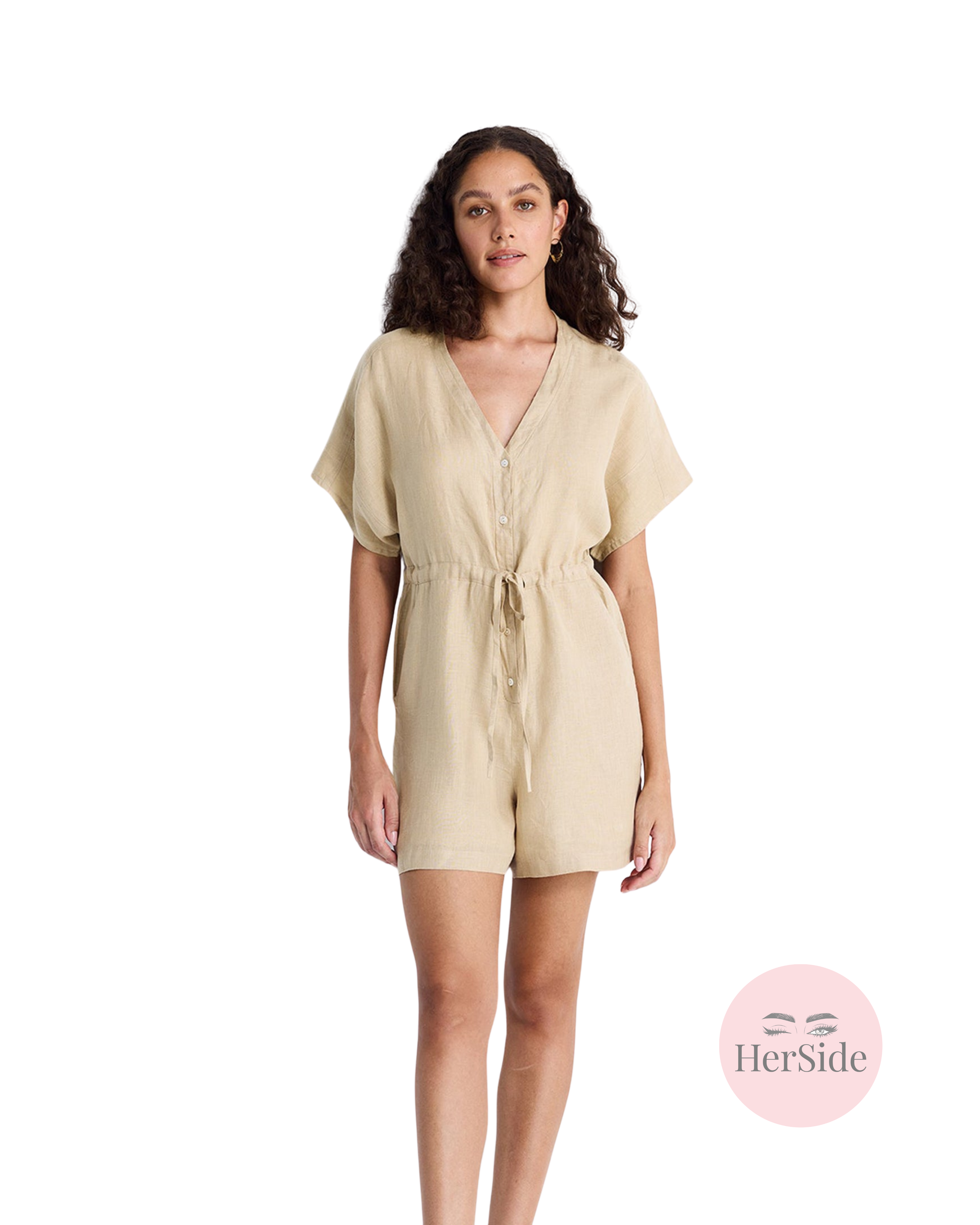 V neck Drawstring Romper in Neutral Beige
