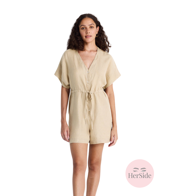 V neck Drawstring Romper in Neutral Beige