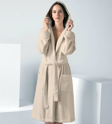 Women's Beige Hooded Terry Cloth Robe - Clearance