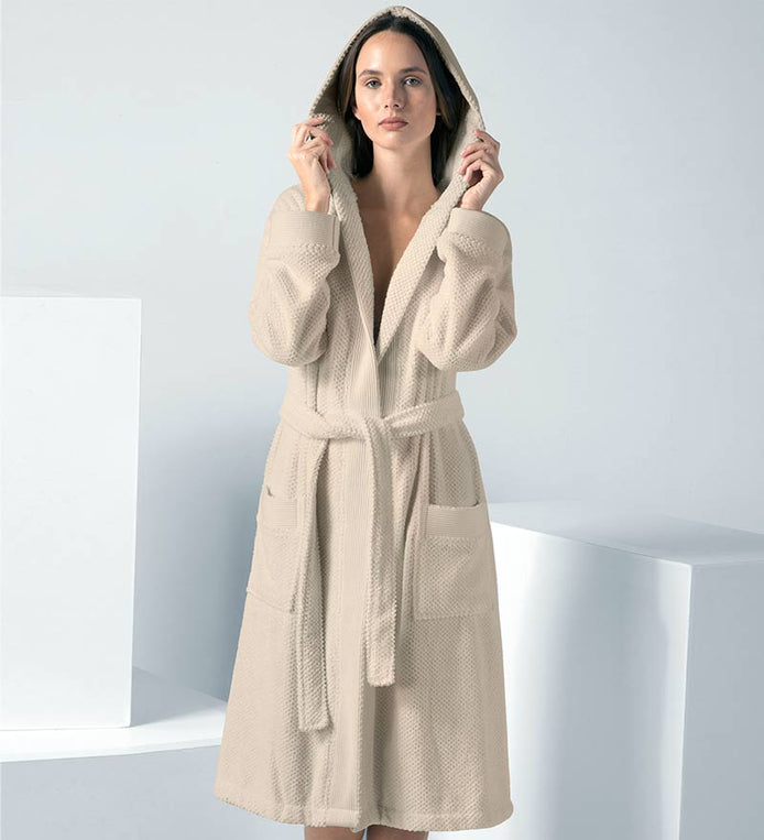 Women's Beige Hooded Terry Cloth Robe - Clearance