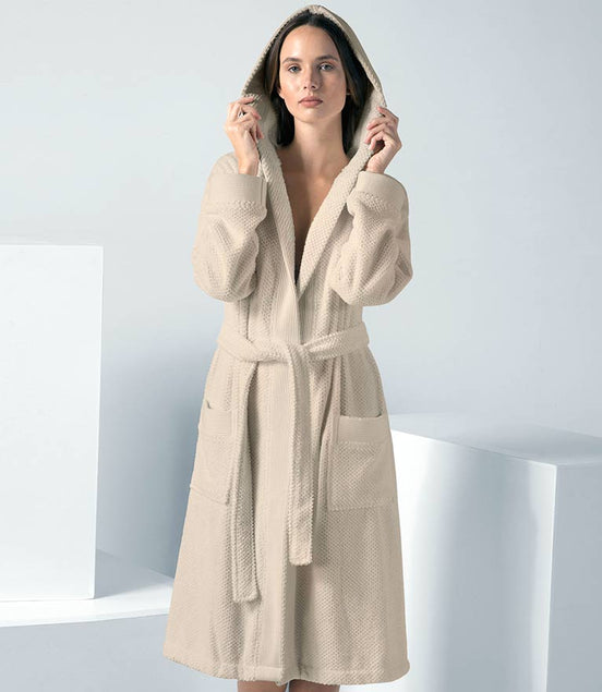 Women's Beige Hooded Terry Cloth Robe - Clearance