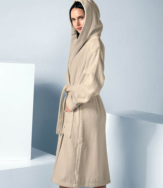 Women's Beige Hooded Terry Cloth Robe - Clearance