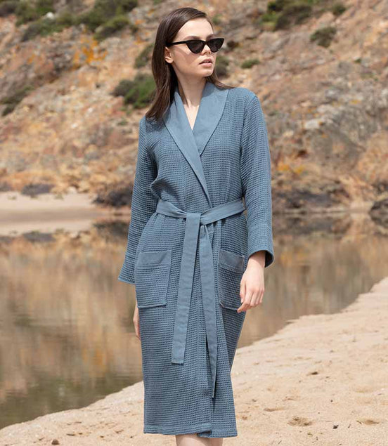 Women's Full Length Lightweight Waffle Spa Robe with Shawl Collar